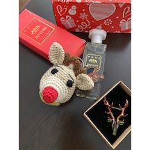 Geyik Figürlü %100 El Yapımı Hediyelik Amigurumi Anahtarlık Zarif Broş Kadın Parfümü Yılbaşı Paketi 6 Renkli