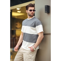 Madmext Füme Oversize Renk Bloklu Bisiklet Yaka Tişört 7020 Füme