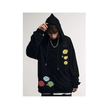 Tarzsokak Unisex Emoji Özel Baskılı Kapüşonlu Oversize Sweatshirt Siyah