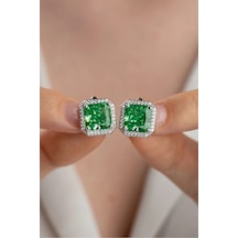 Çekirdekjewelry 925 Ayar Gümüş Baget Taşlı Kare Küpe Zirkon Taşlı Şık Kadın Küpe Gümüş Yeşil