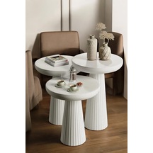 Wood Ahşap Beyaz Renk 3 Lü Set Mantar Yan Sehpa Fiskos Çiçeklik Decorative Beyaz