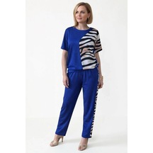 Ersefa Kadın Kısa Kollu Bisiklet Yaka Zebra Desenli Bluz Ve Pantolon İki Saks Mavi