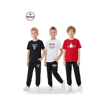 Panios Kids 3'lü Yuvarlak Yaka Baskı Detaylı Erkek Detaylı 6 Parça Erkek Çocuk Alt Üst Takım Siyah - Beyaz - Kırmızı