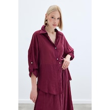 Sateen Kol Detaylı Salaş Gömlek - Bordo-136247 Bordo