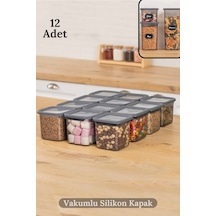 12'li Vakumlu Silikon Kapaklı Kare Baharat Saklama Kabı Seti - 12x 0.65 Litre Antra Plastik Gri Diğer