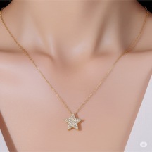 Çelik Gold Renk Zincir Zirkon Taşlı Yıldız Model Kadın Kolye Çok Renkli