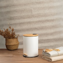 Bambu Kapaklı Pedallı Metal Çöp Kovası - 5 Lt. - Beyaz Beyaz