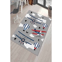 Gri Kaymaz Tabanlı Yıkanabilir Uçaklı Çocuk Halısı Ar1025n11