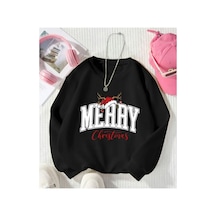 Herkesemoda Merry Christmas Baskı Detaylı Bisiklet Yaka Sweatshırt Siyah