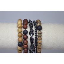 Hematit Doğal Taşlı & Ahşap Boncuklu Erkek Bileklik 5'Li Set (531249806)