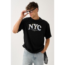 Geniş Kalıp Bisiklet Yaka Baskılı Unisex T-shirt Siyah