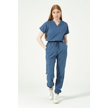 İndigo Likralı Scrubs Kargo Cep Jogger Paça Doktor Hemşire Forması Yarasa Kol Takım Unisex