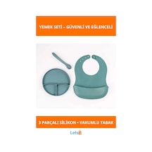 Yeşil Kaymaz Vakumlu 3 Bölmeli Silikon Tabak Diş Kaşıyıcılı Kaşık Ve Ayarlanabilir Mama Önlüğü