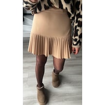 Bej Duble Piliseli Mini Etek Bej