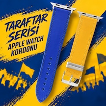 Goldoni Apple Watch Uyumlu Sarı Lacivert İnce Hakiki Deri Taraftar Kordonu Metal Köprülü