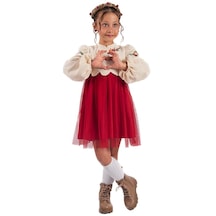 Gül İşlemeli Tüllü Kız Çocuk Elbise - Kırmızı