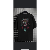 Flood Of Style Erkek Siyah Baykuş Oversize Bisiklet Yaka Tshirt