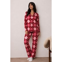 Kadın Düğmeli Kışlık Ev Kırmızı Pijama Takımı