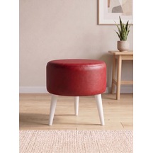 Modern Kırmızı Deri Puf Tabure Ahşap Beyaz Ayaklı Yuvarlak Puf 40x42 Cm