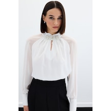 Sateen Yaka Aksesuarlı Bluz - Ekru-133754 Ekru