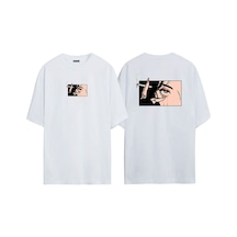 Thewert Unisex Anime Karekter Göz Yaşı Ön Arka Baskılı Beyaz Oversize T-shirt