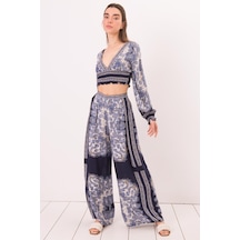 Fashion Cocktail Viskon Yazlık Lastikli Otantik Desenli Bohem Sahil Pantolon Krop Takım Lacivert