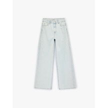 Koton Pamuklu Düğmeli Cepli Geniş Paça Taşlı Denim Pantolon - Wide Leg Jeans Açık İndigo 6sal40010md Açık İndigo