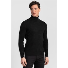 Tudors Slim Fit Dar Kesim Tam Balıkçı Yaka Saç Örgü Desenli Erkek Kazak-20346 Siyah