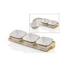 Hammered Whıte Gold Porselen 3lü Kahvaltılık Seti Tepsili 36cm Beyaz - Gold