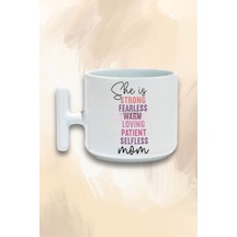 She Is Strong Patient Mom No:2 Baskılı Anneler Günü Hediyelik T Kulplu Latte Fincanı Kupa Bardak Beyaz