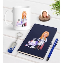 Kişiye Özel Kadın Eczacı Karikatürlü Lacivert Defter Kalem Kupa 3 N11.224