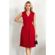 Defymoda Kadın Plise Detaylı Kuşaklı Modern Elbise Kırmızı