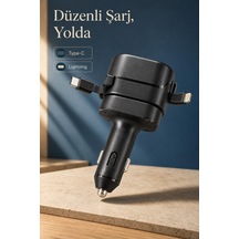 Makaralı Kablolu Type C Ve Lightning Uçlu E1 Araç Şarjı