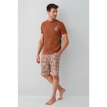 Arnetta Premium Erkek Cool Summer Rahat Kalıp %100 Pamuk Kısa Kollu Şortlu Aile Pijama Takım Kiremit