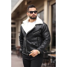 Premium İçi Komple Kürklü Biker Deri Mont Siyah Beyaz Biker