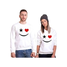 Tshirthane Yıldız Kalp Gülücük Sevgili Kombini Unisex Sweatshirt Kırık Beyaz