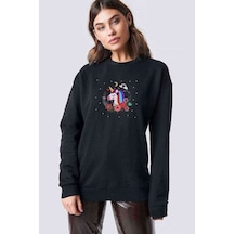 Space Unicorn 3 Baskılı Siyah Kadın Sweashirt
