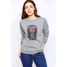 Alexandria Skull Kuru Kafa Baskılı Gri Kadın Sweatshirt