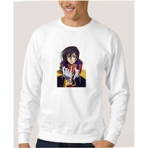 Anime One Baskılı Beyaz Erkek Örme Sweatshirt