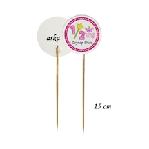 15 Cm Uzun Kürdan - 20 Adet Kişiye Özel Pembe Half Birthday Baskılı Pasta Kürdanı