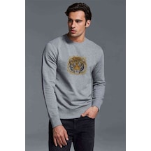 Turuncu Kaplan Yüz Çizimi Bengal Kaplanı Baskılı Gri Erkek Sweat