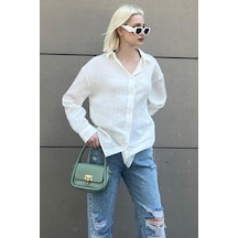 Madmext Beyaz Uzun Kollu Çizgili Oversize Gömlek Mg2080-beyaz Beyaz