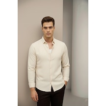 Bürke Keten Dokulu Krem/Bej Yarım Oversize Yazlık Erkek Gömlek