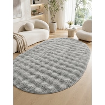 Oval Bubble Ultra Soft Puffy Kaymaz Taban Peluş Tavşan Tüyü Halı Gri