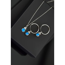 Papatya Silver 925 Ayar Gümüş Rodyum Kaplama Mavi Opal Yuvarlak Kolye ve Çift Halka Küpe