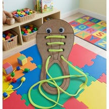 Nar Atölye Ahşap Ayakkabı Bağlama Tahtası - Eğitici Oyuncak - Montessori Beceri Geliştirme Materyali
