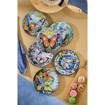 Lüks Kelebek Desenli 6'lı Pasta Ve Tatlı Tabağı 20 Cm - Sunumluk Pasta Ve Tatlı Tabakları Çok Renkli