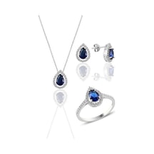 Gümüş Rodyumlu Safir Taşlı Damla Modeli Üçlü Set