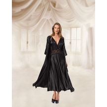 Mh Moony Homewears Siyah Saten Lüks Uzun Gecelik Sabahlık Çeyiz Seti Siyah