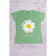 Hçm Kız Çocuk Tshirt Papatya Baskılı Bisiklet Yaka D26 Yeşil
